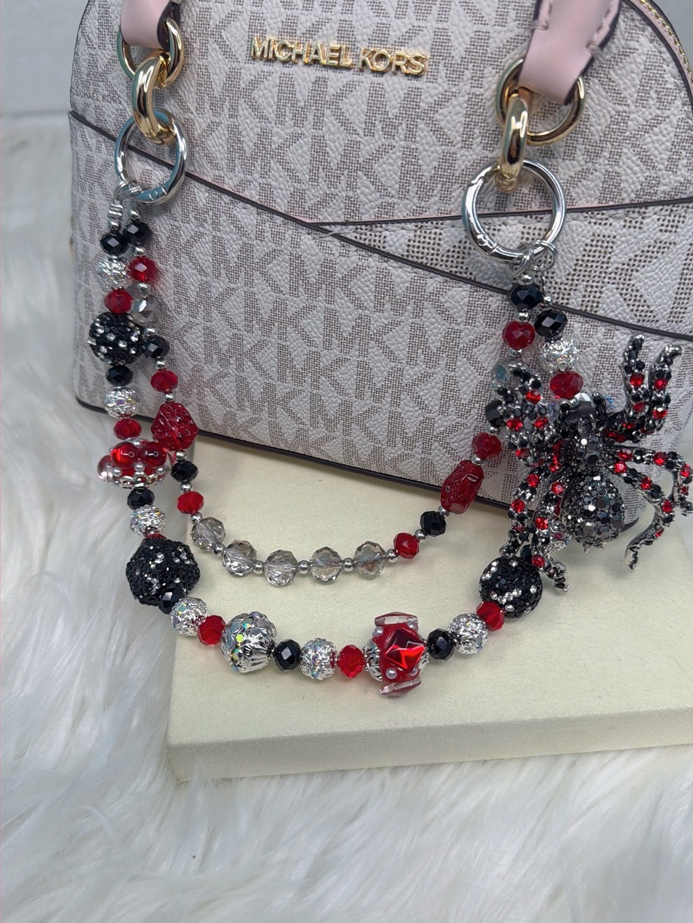 Red & Black Beaded Rhinestone Spider purse charm